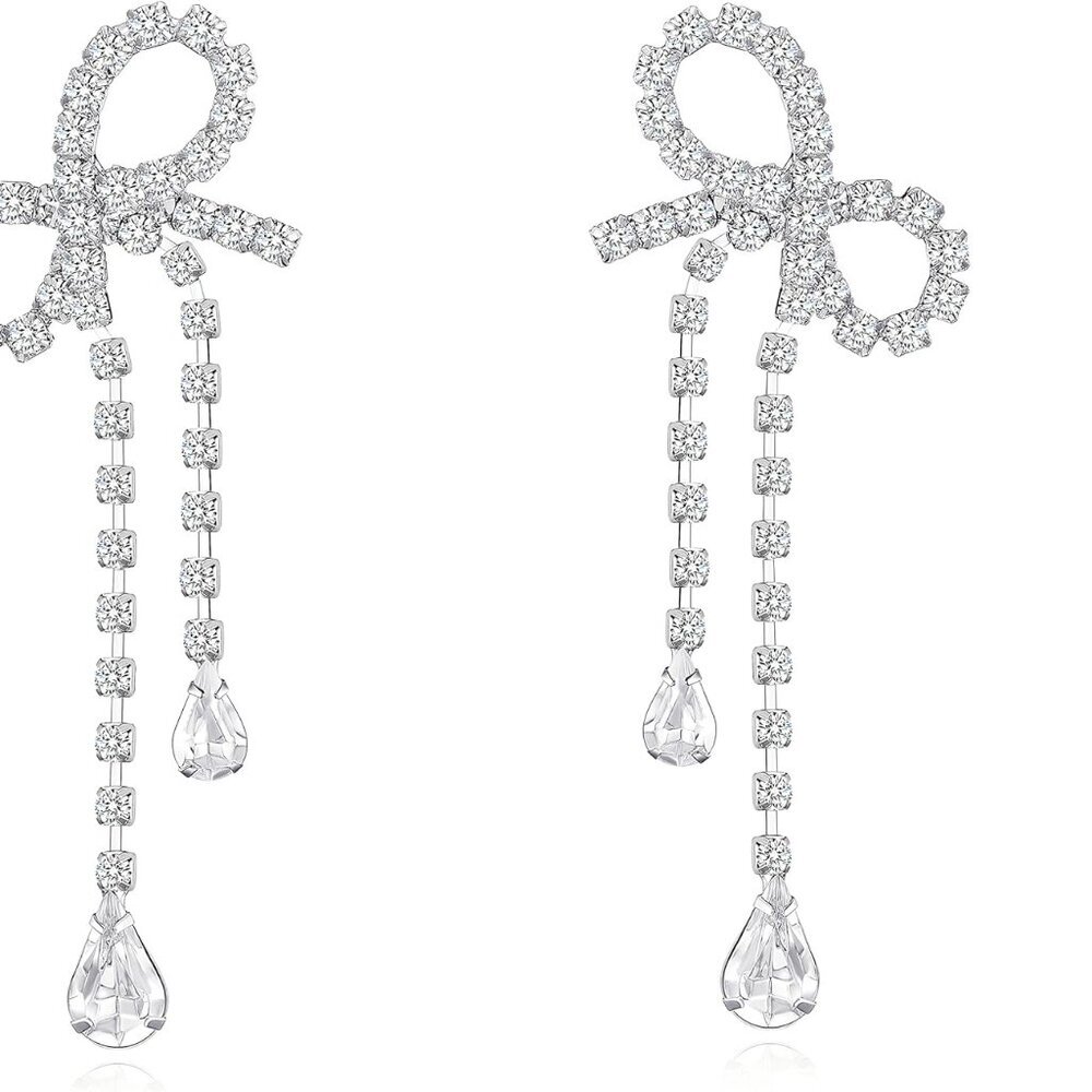 Silver CZ Drop Earring for Women, Bow Drop Earrings